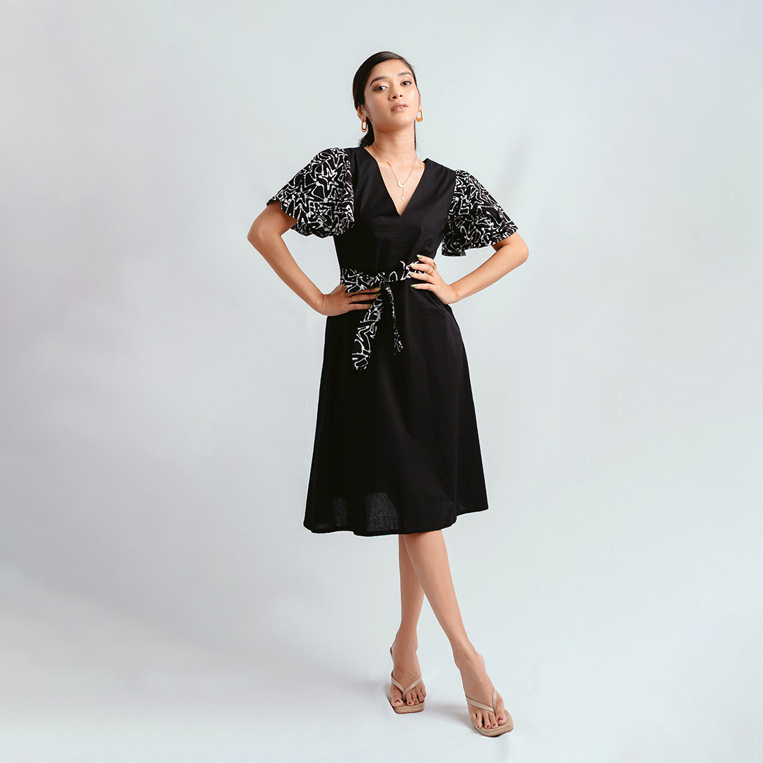 Fluttered-Sleeved-Chic-Black-Dress—Front